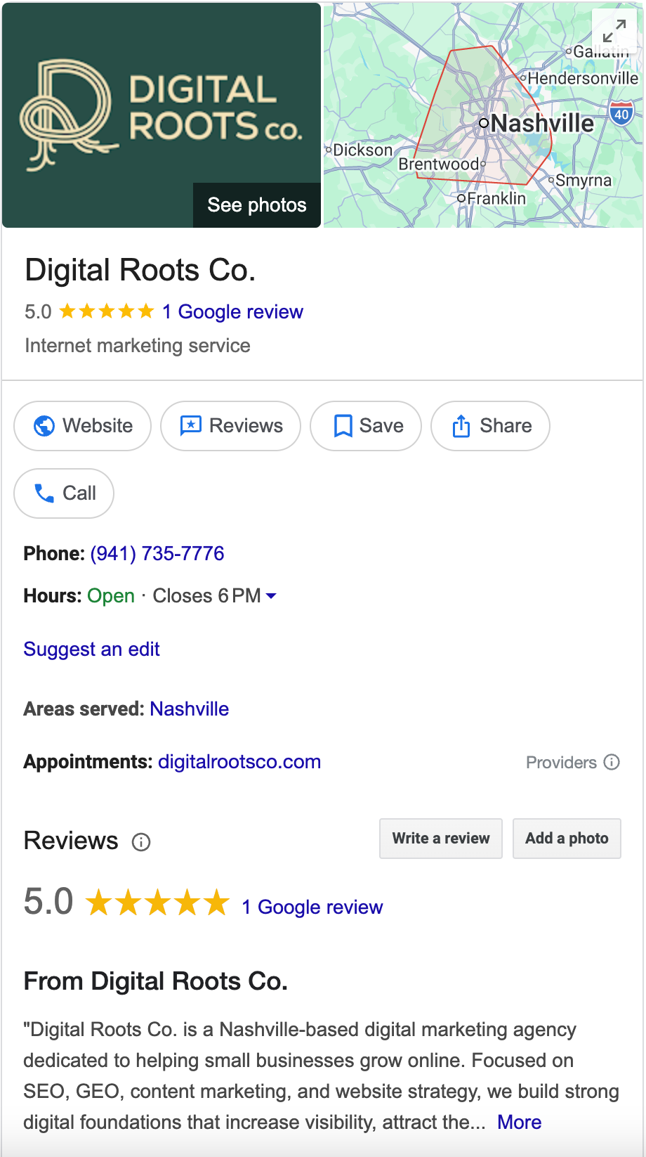 Google business profile for Digital Roots Co.