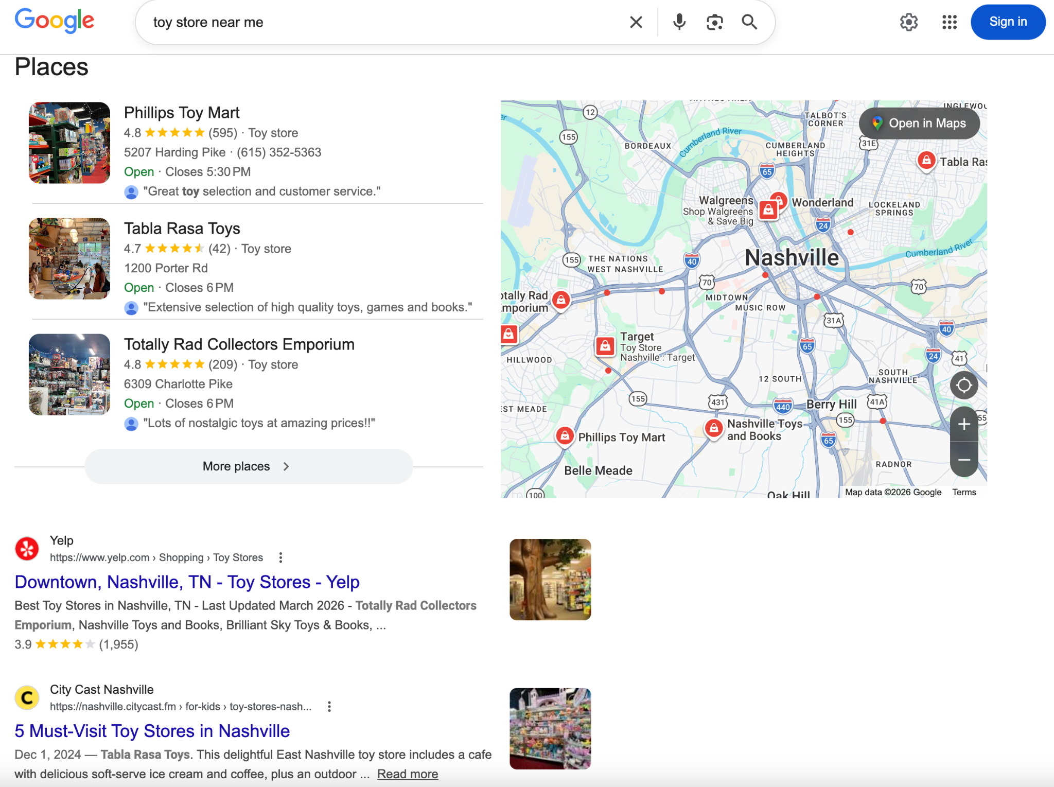 Search results for "toy store near me" showing map pack